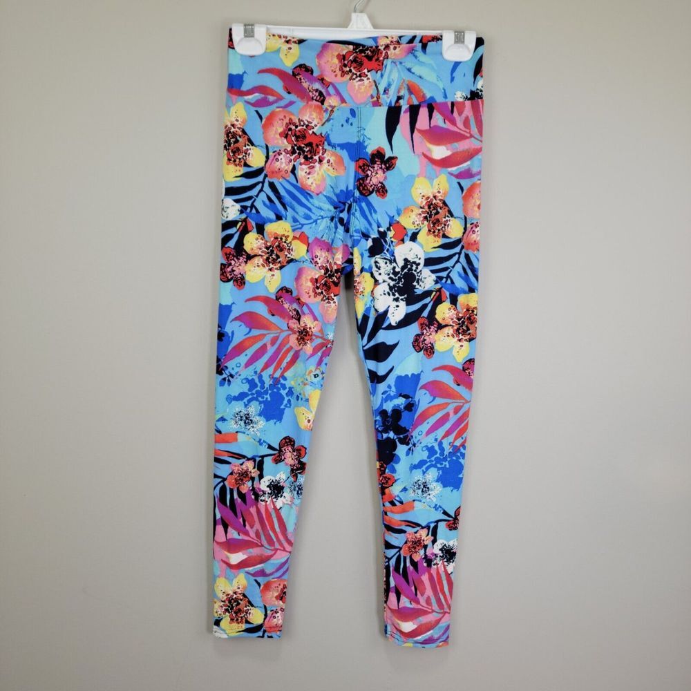 Light Blue Tropical Floral Polyester Spandex Ankle Leggings One Size Fits All